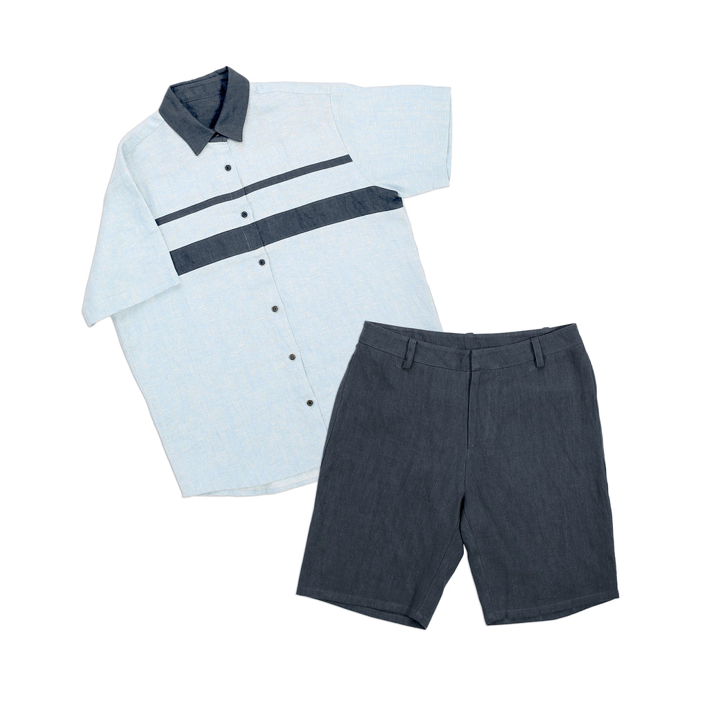 Colorblock Blue Two-piece Shirt and Shorts Set